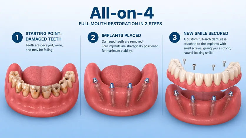 The stages of a full-arch implant restoration, side by side