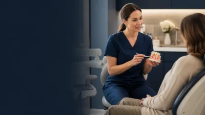 Dental professional using a mouth model to explain gum care to a patient