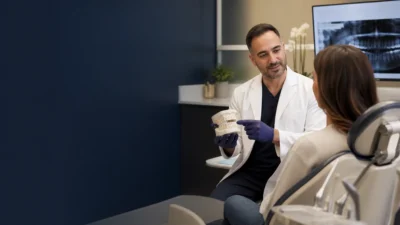 Dentist discussing a tooth model with a patient during a cavity-care consultation
