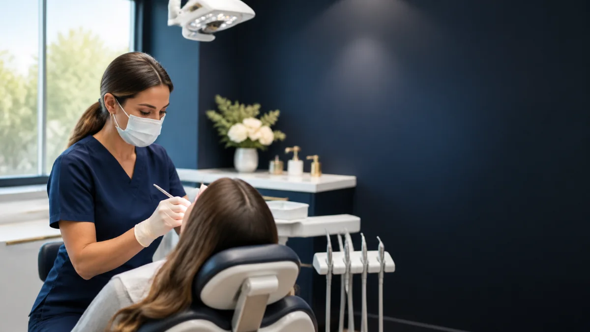 Dental hygienist performing a professional cleaning for a seated patient