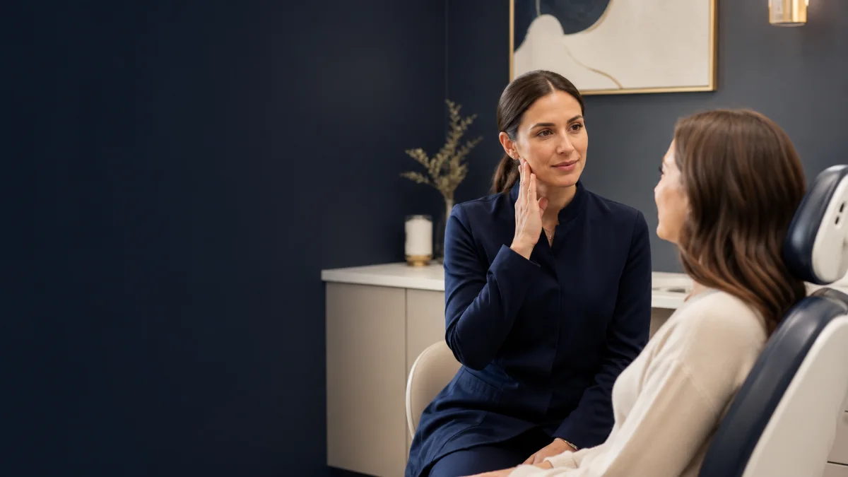 Patient indicating jaw discomfort during a discussion with a dental professional