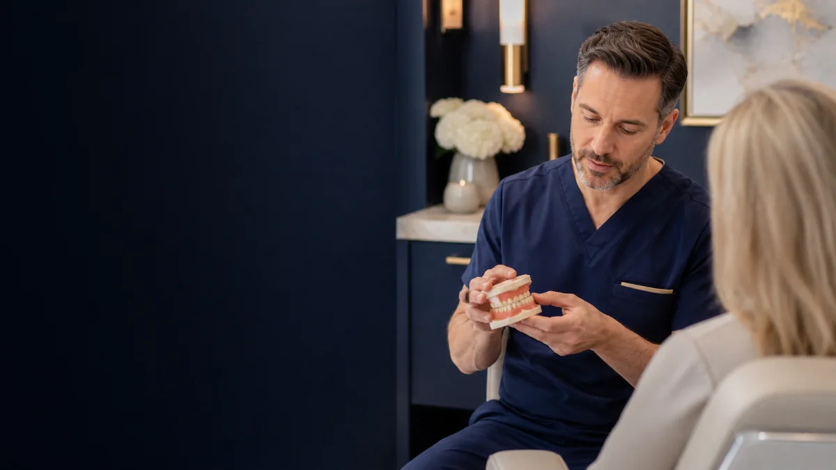 Dentist holding a denture model while discussing fit with a patient