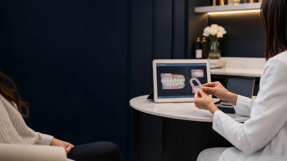 Dentist explaining an orthodontic model and treatment plan to a patient