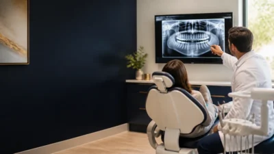 Dentist reviewing dental X-rays with a patient to discuss examination findings