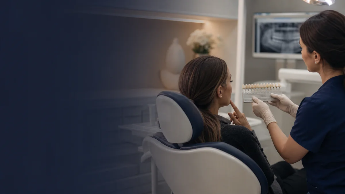 Dental professional comparing tooth shades with a patient during a whitening consultation